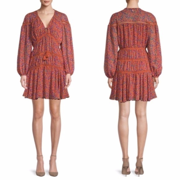 REBECCA MINKOFF Caden Printed Long-sleeve Dress In Rust Multi - Picture 2 of 11